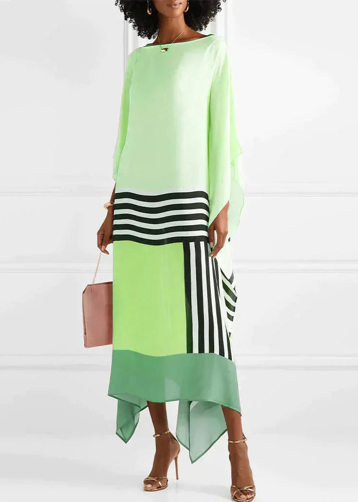 Women's Silk Kaftan Midi Dress with Asymmetric Hem and Contrast Stripe Detail