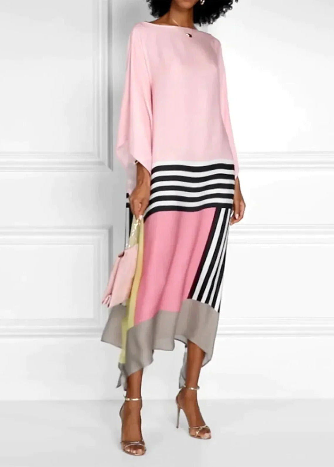 Women's Silk Kaftan Midi Dress with Asymmetric Hem and Contrast Stripe Detail