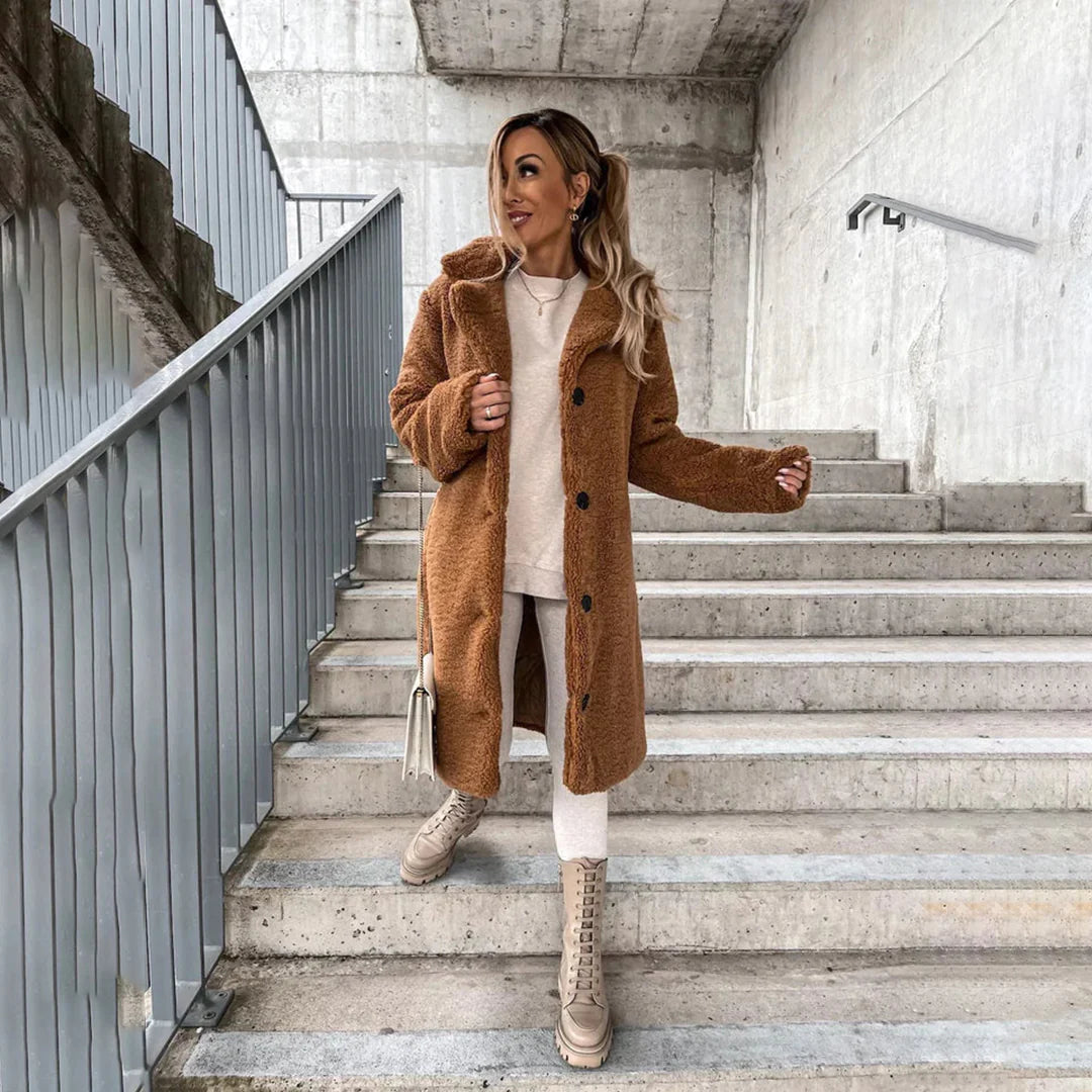 Women's Long Teddy Coat with Hooded Collar and Loose Fit