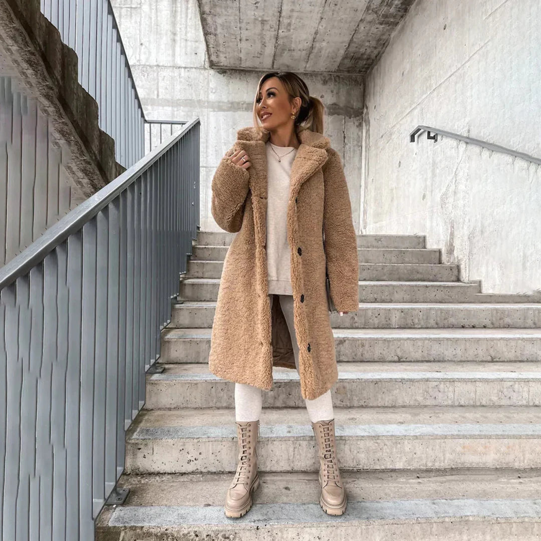 Women's Long Teddy Coat with Hooded Collar and Loose Fit