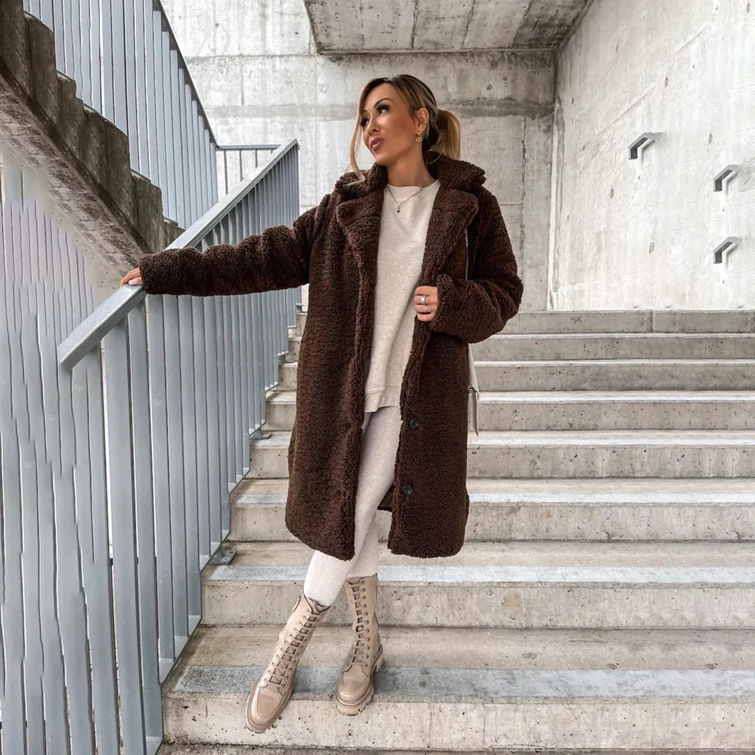 Women's Long Teddy Coat with Hooded Collar and Loose Fit