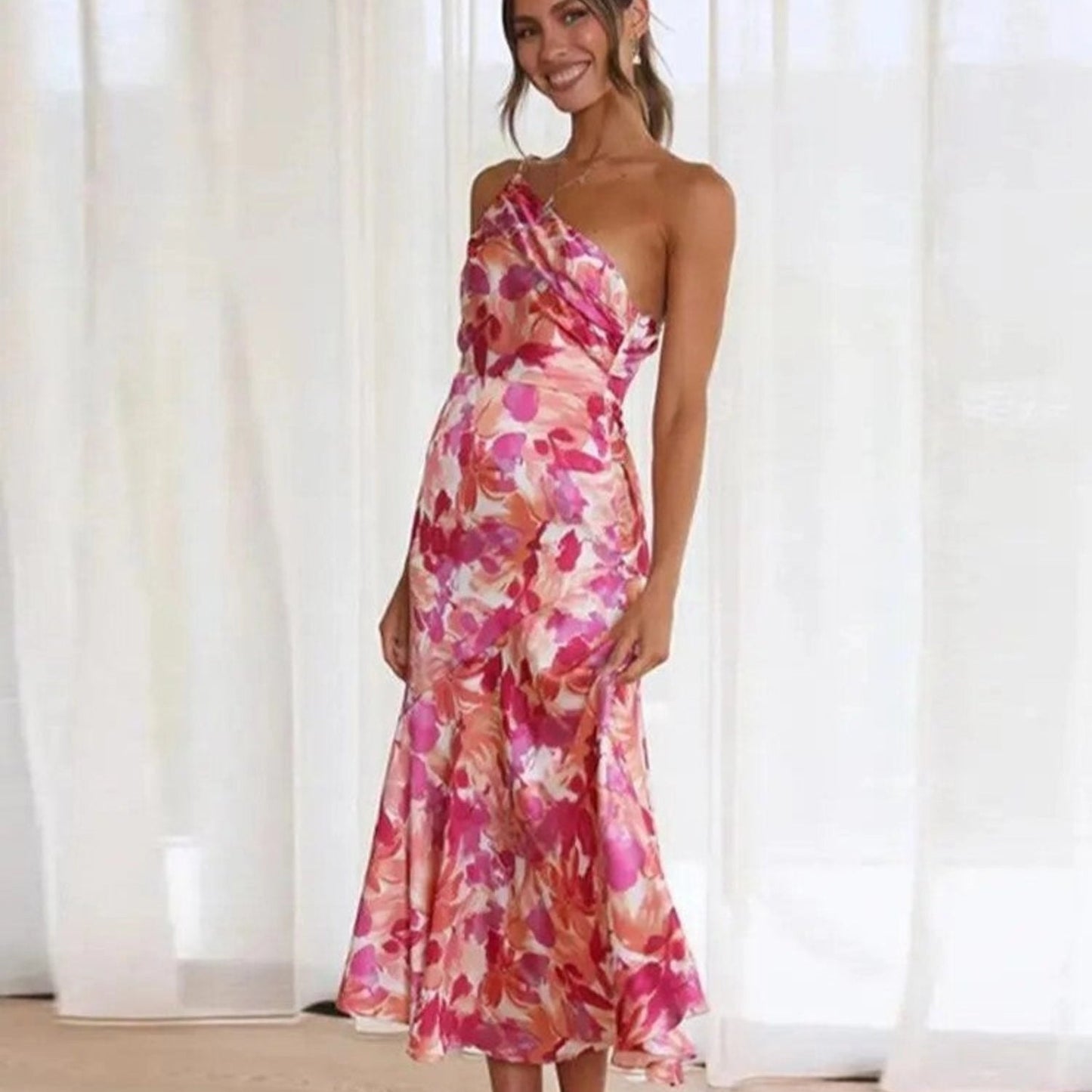 Women’s Midi Dress with One Shoulder Asymmetrical Neckline and Floral Print