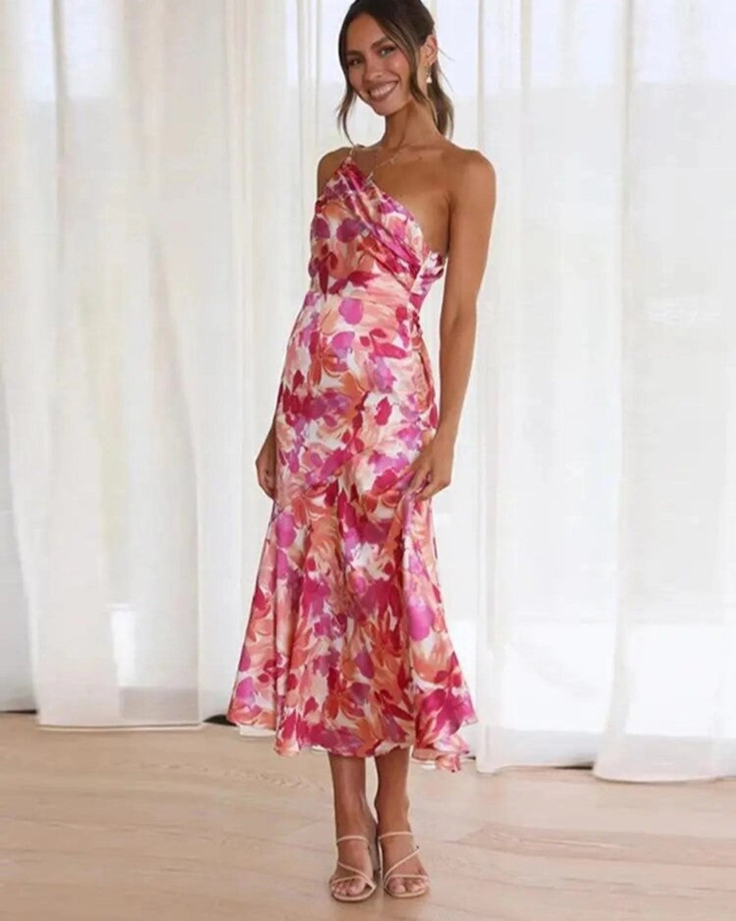 Women’s Midi Dress Asymmetric One-Shoulder Floral Wedding Guest Gown