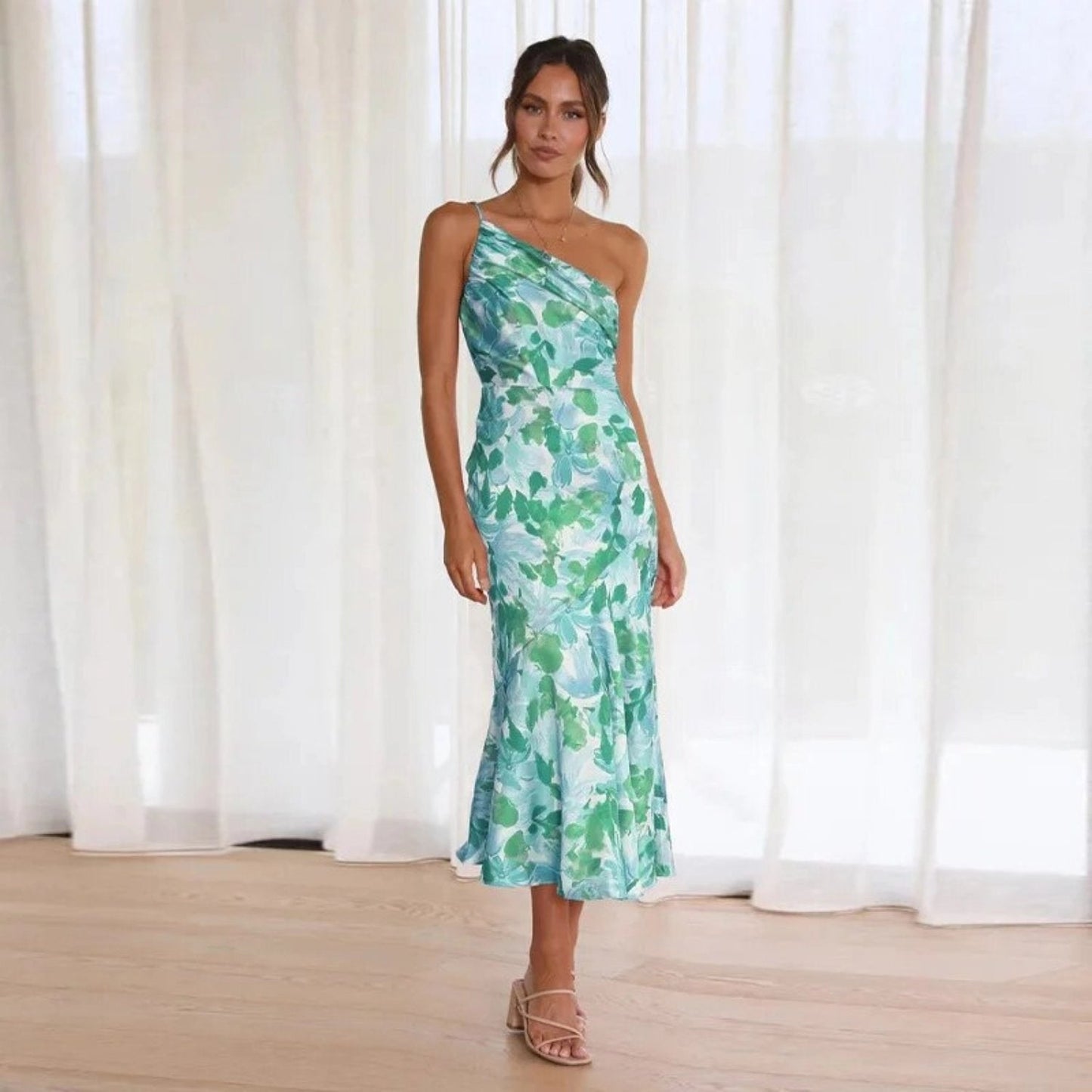 Women’s Midi Dress with One Shoulder Asymmetrical Neckline and Floral Print