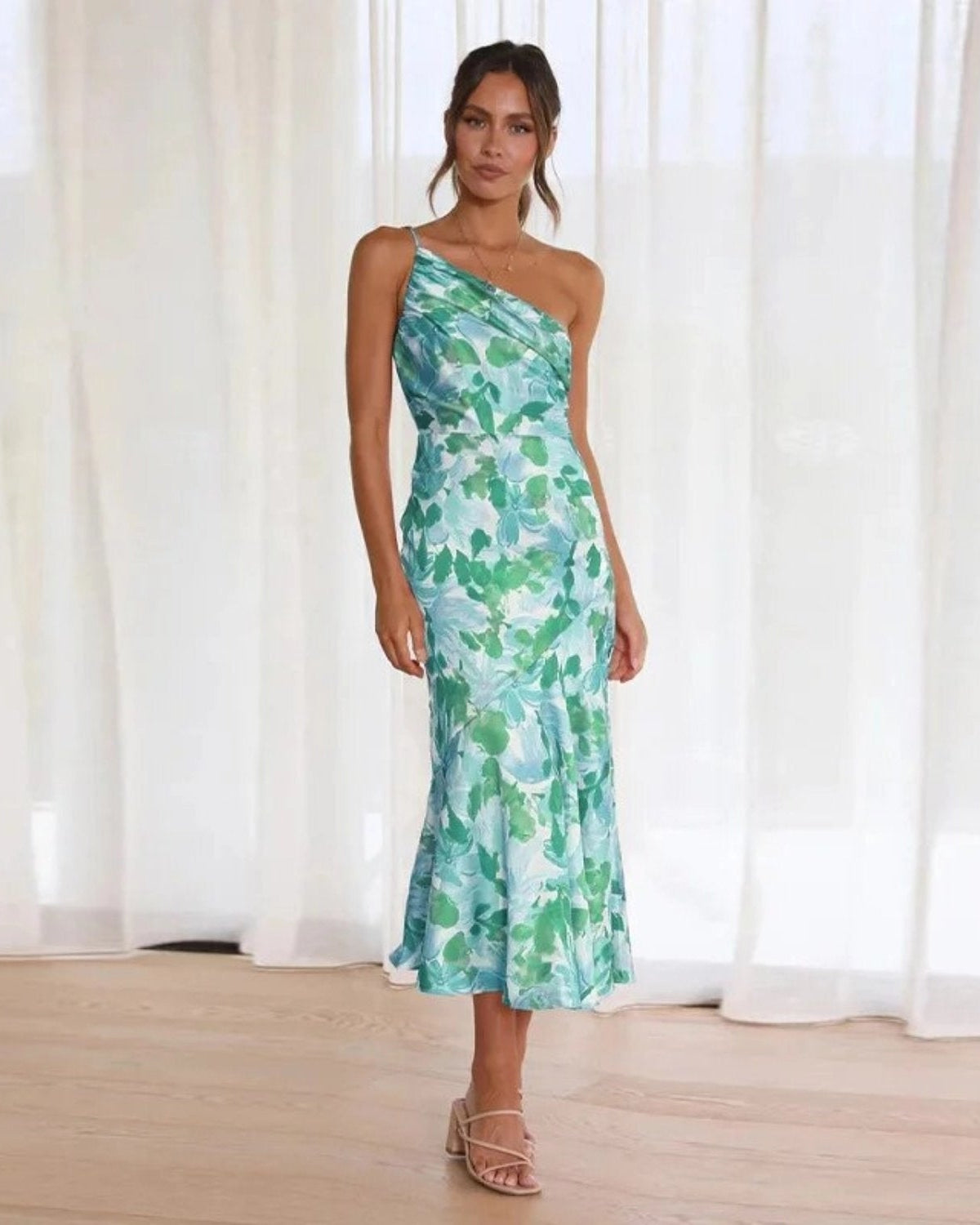 Women’s Midi Dress Asymmetric One-Shoulder Floral Wedding Guest Gown