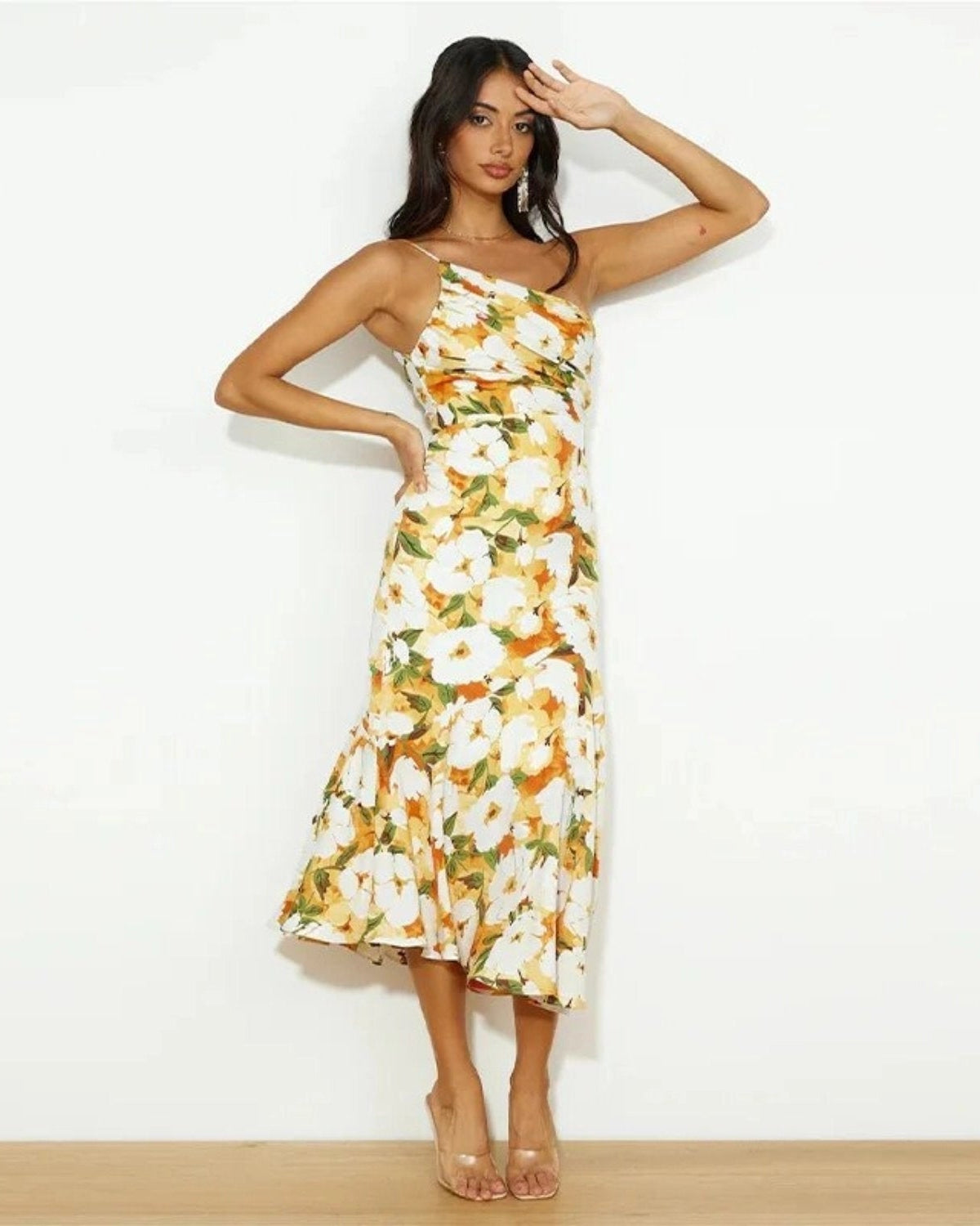 Women’s Midi Dress Asymmetric One-Shoulder Floral Wedding Guest Gown