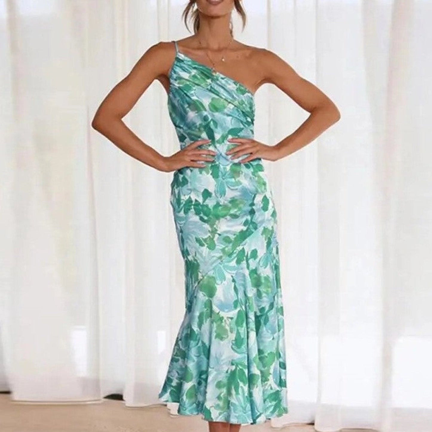 Women’s Midi Dress with One Shoulder Asymmetrical Neckline and Floral Print