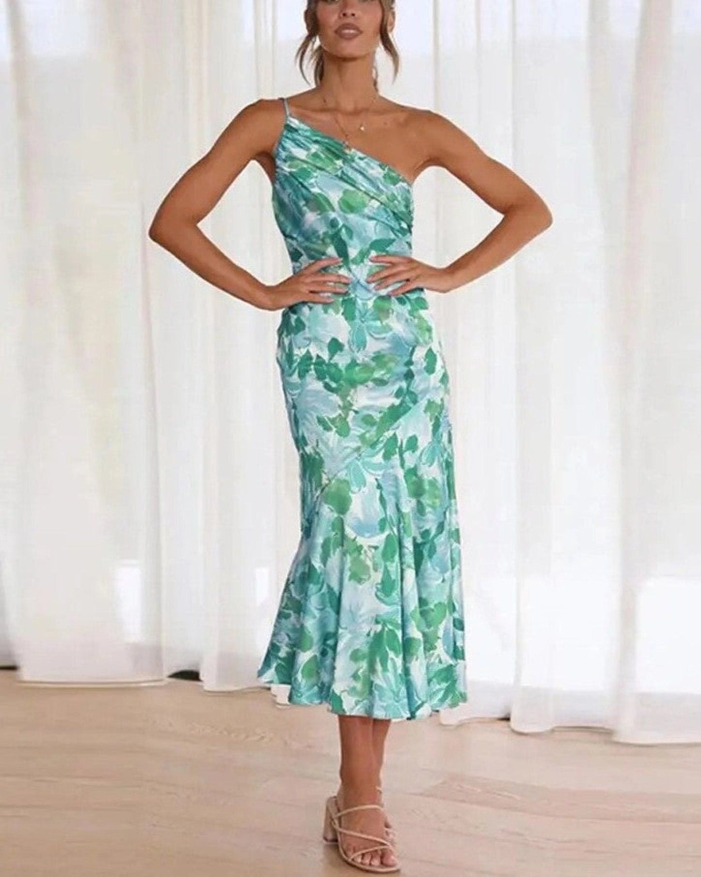 Women’s Midi Dress Asymmetric One-Shoulder Floral Wedding Guest Gown