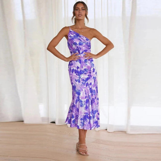 Women’s Midi Dress with One Shoulder Asymmetrical Neckline and Floral Print