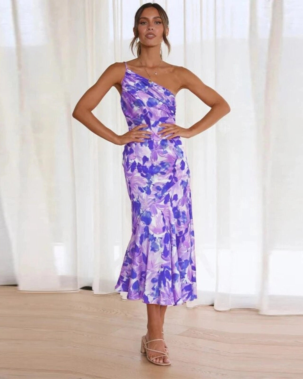 Women’s Midi Dress Asymmetric One-Shoulder Floral Wedding Guest Gown