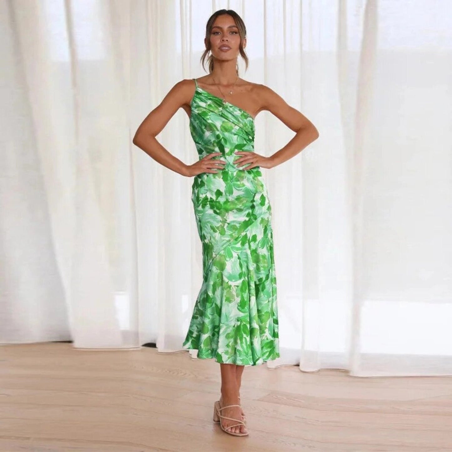 Women’s Midi Dress with One Shoulder Asymmetrical Neckline and Floral Print