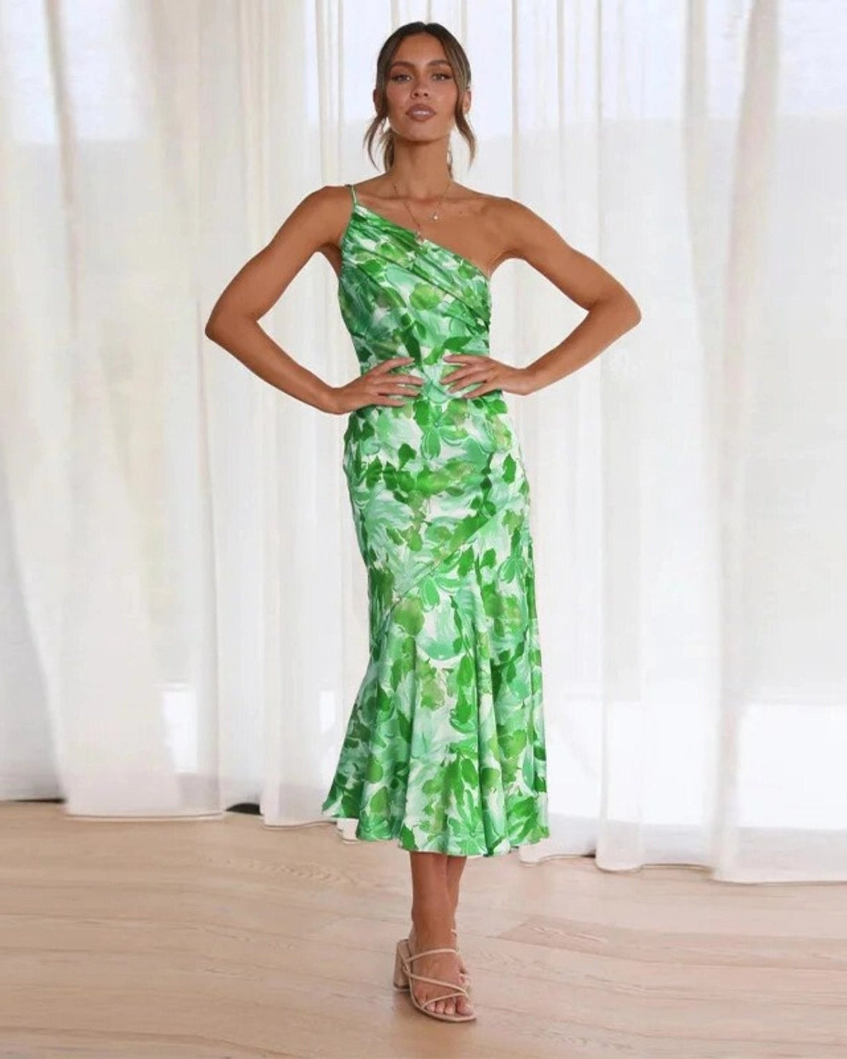 Women’s Midi Dress Asymmetric One-Shoulder Floral Wedding Guest Gown