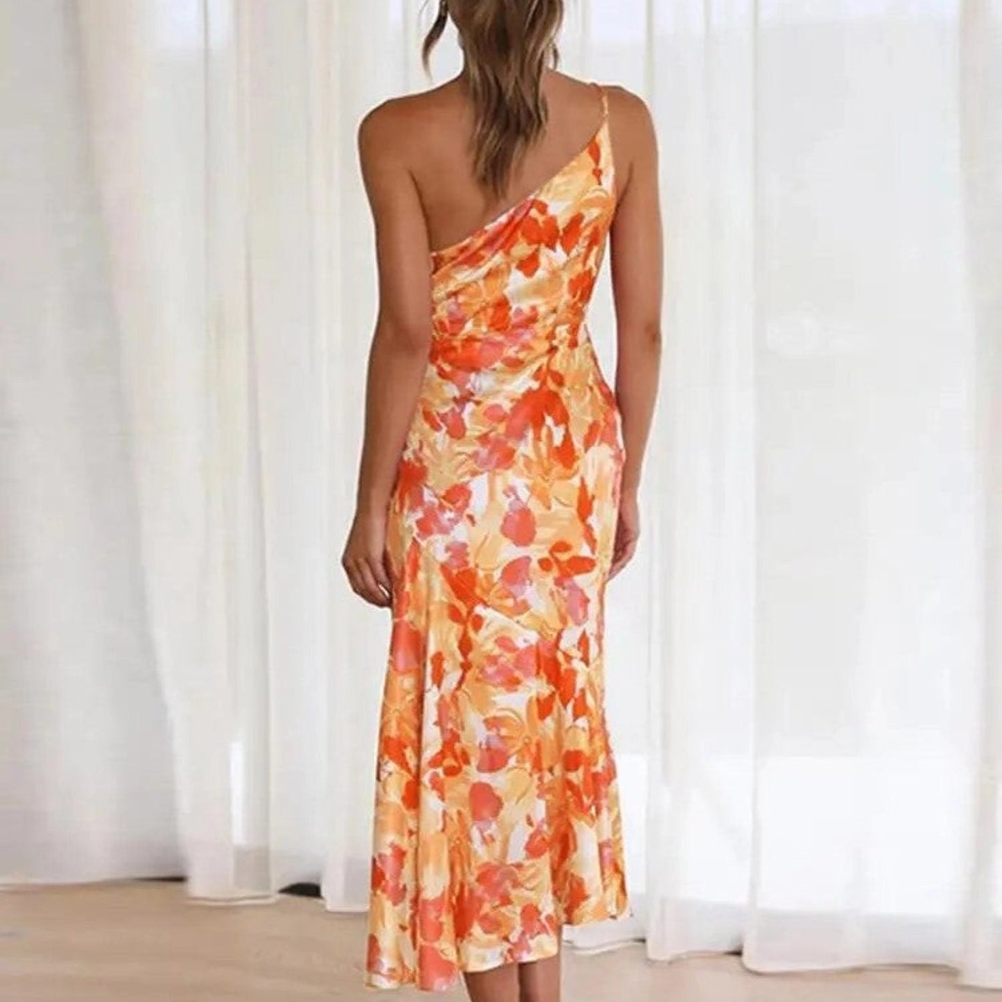 Women’s Midi Dress with One Shoulder Asymmetrical Neckline and Floral Print