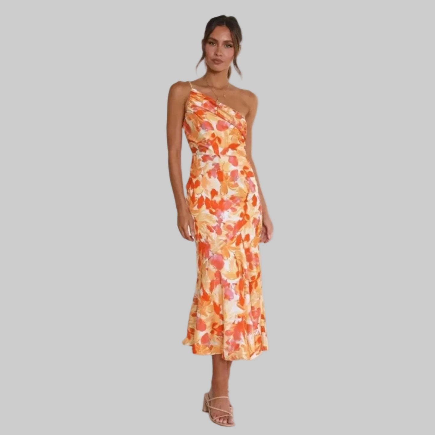 Women’s Midi Dress with One Shoulder Asymmetrical Neckline and Floral Print
