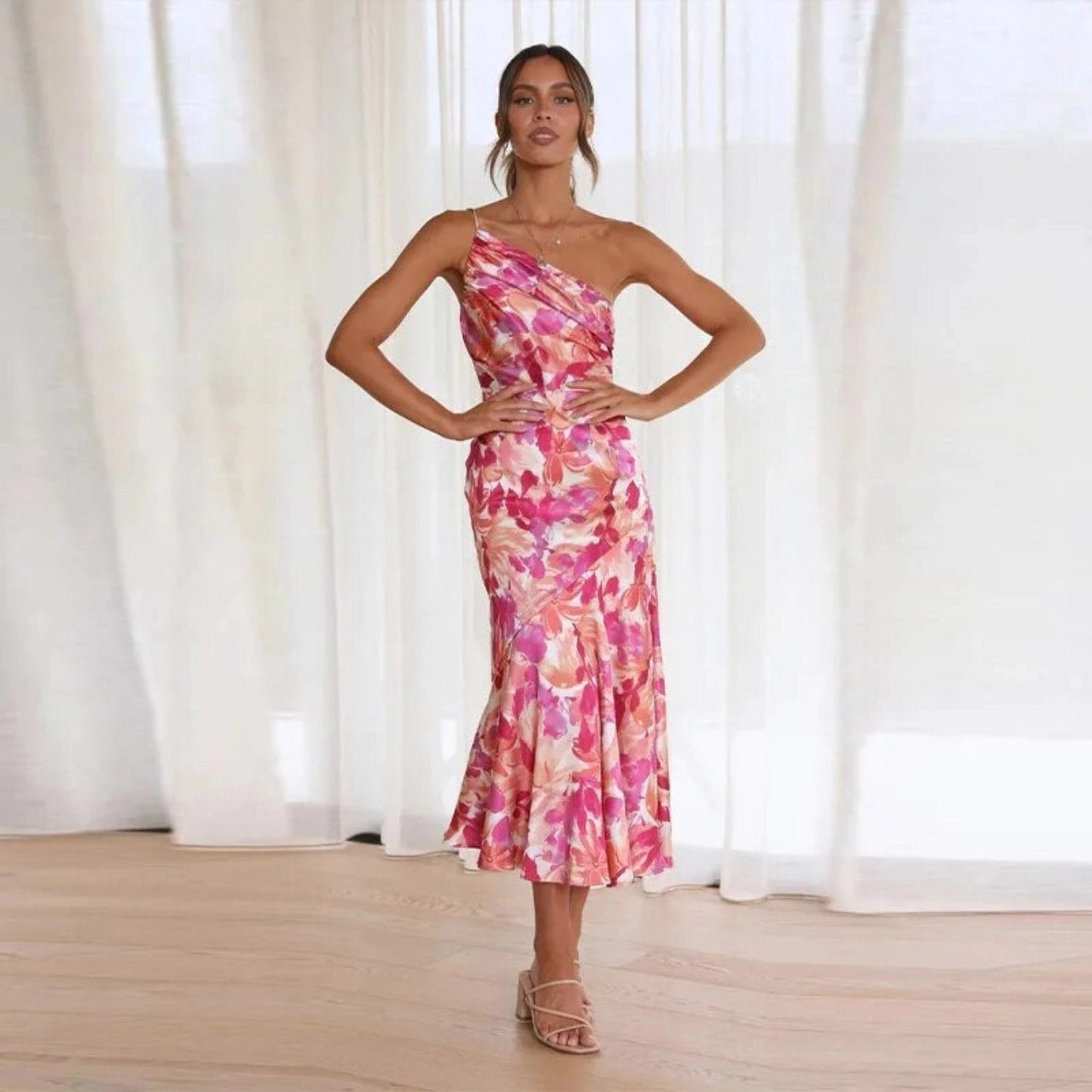 Women’s Midi Dress with One Shoulder Asymmetrical Neckline and Floral Print