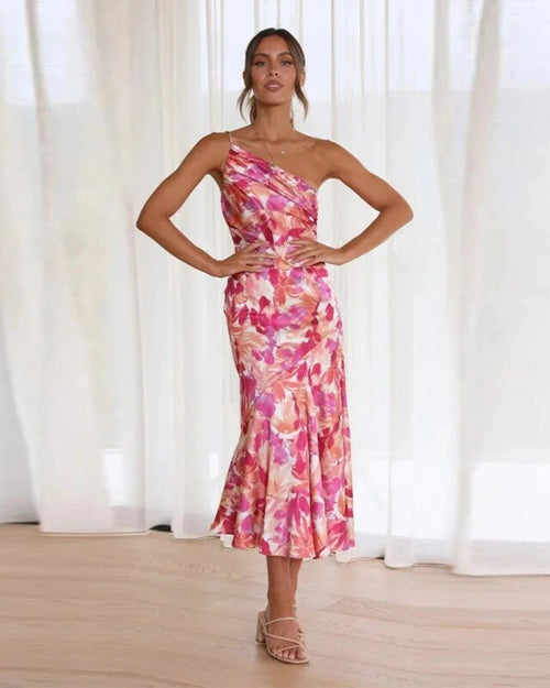 Women’s Midi Dress Asymmetric One-Shoulder Floral Wedding Guest Gown