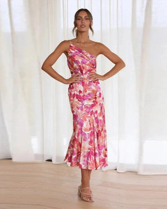 Women’s Midi Dress Asymmetric One-Shoulder Floral Wedding Guest Gown