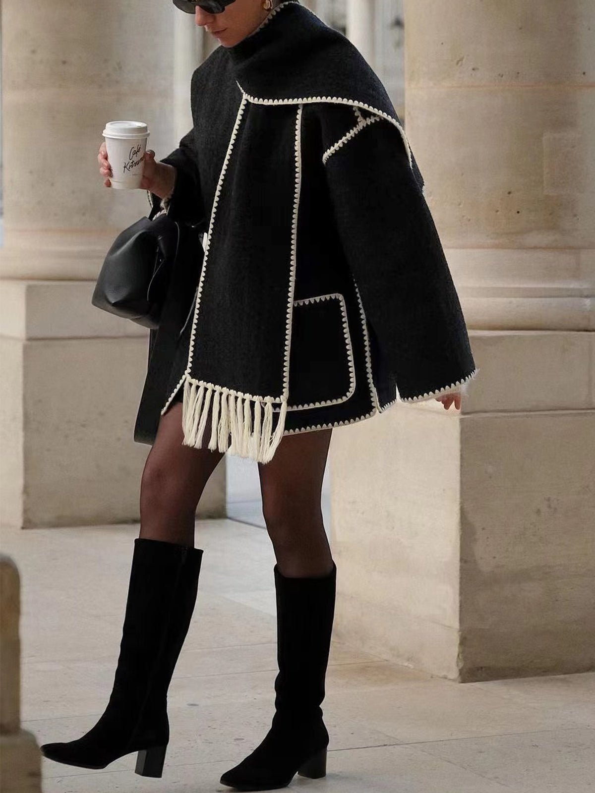 Women's Oversized Cape Coat with Fringe Trim and Contrast Stitching