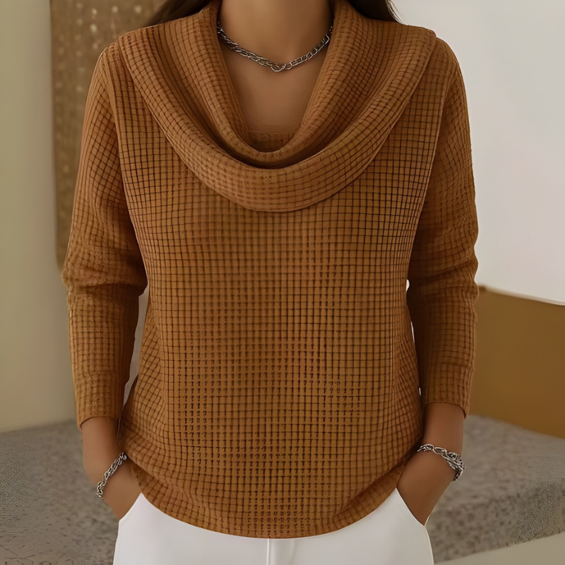 Women's Waffle-Knit Cowl Neck Long Sleeve Top