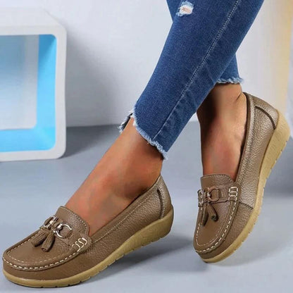 Women's Leather Loafers Wedge Sole Tassel Detail
