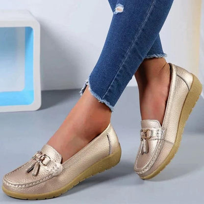 Women's Leather Loafers Wedge Sole Tassel Detail