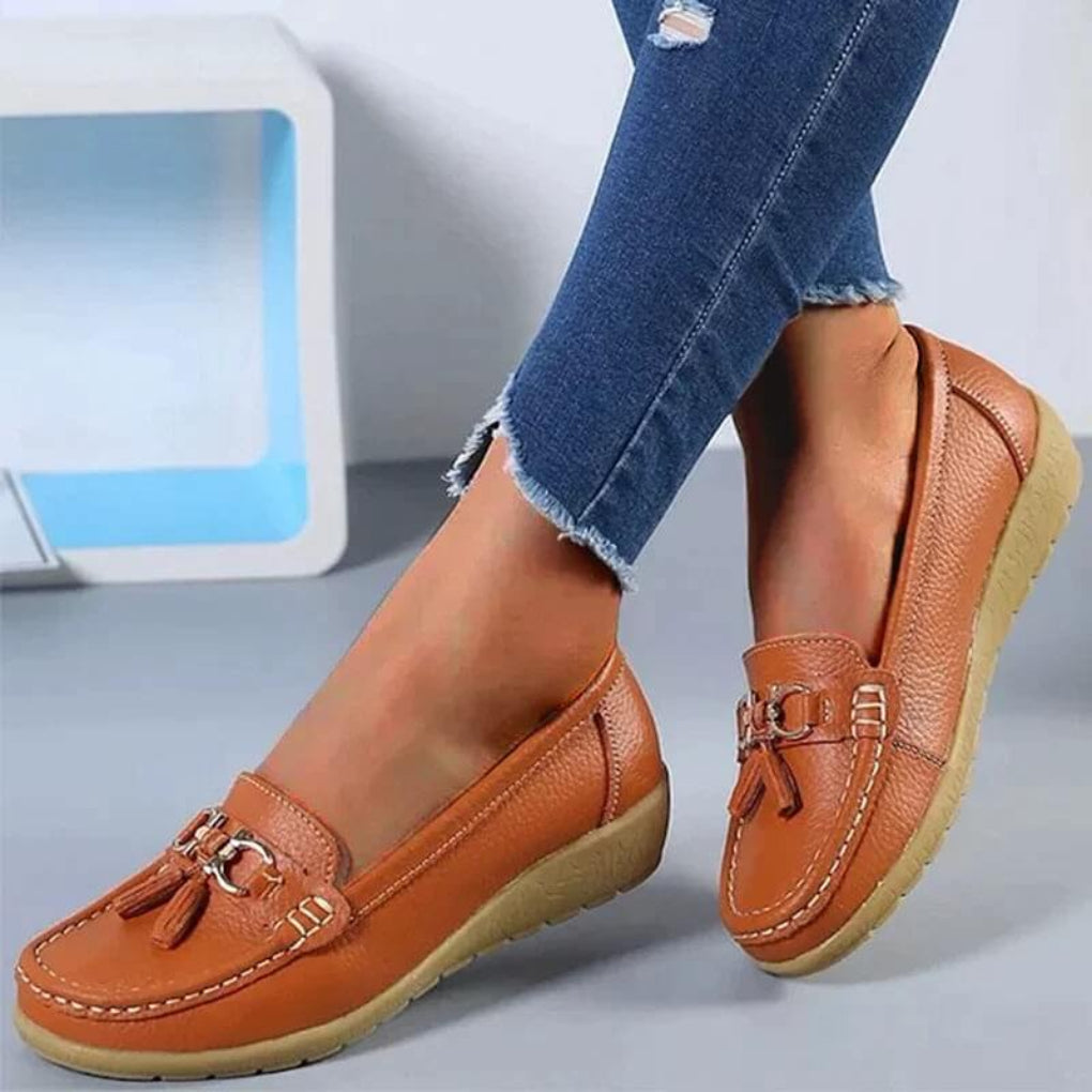 Women's Leather Loafers Wedge Sole Tassel Detail