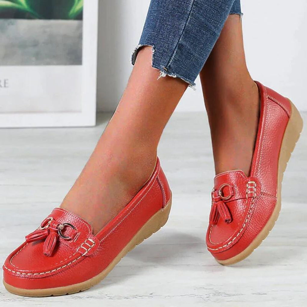 Women's Leather Loafers Wedge Sole Tassel Detail