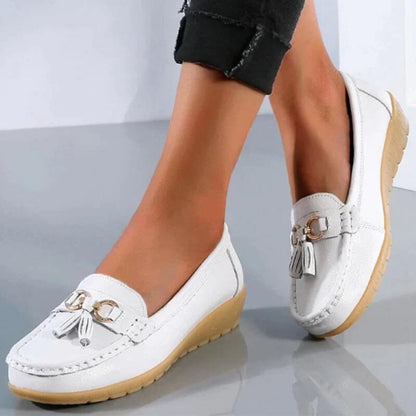 Women's Leather Loafers Wedge Sole Tassel Detail
