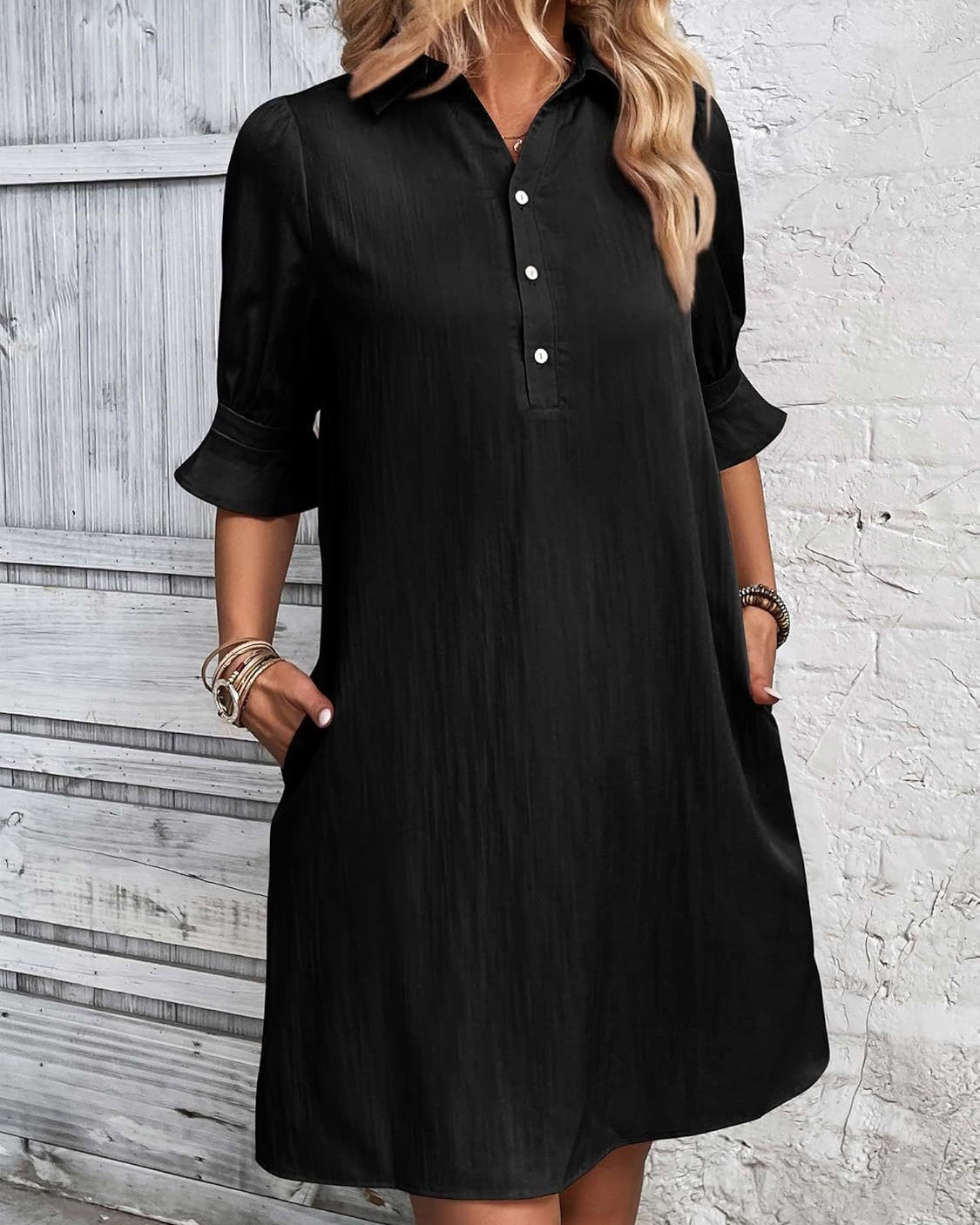 Women’s Shirt Dress 3/4 Sleeve Knee Length Button Down Shift with Pockets