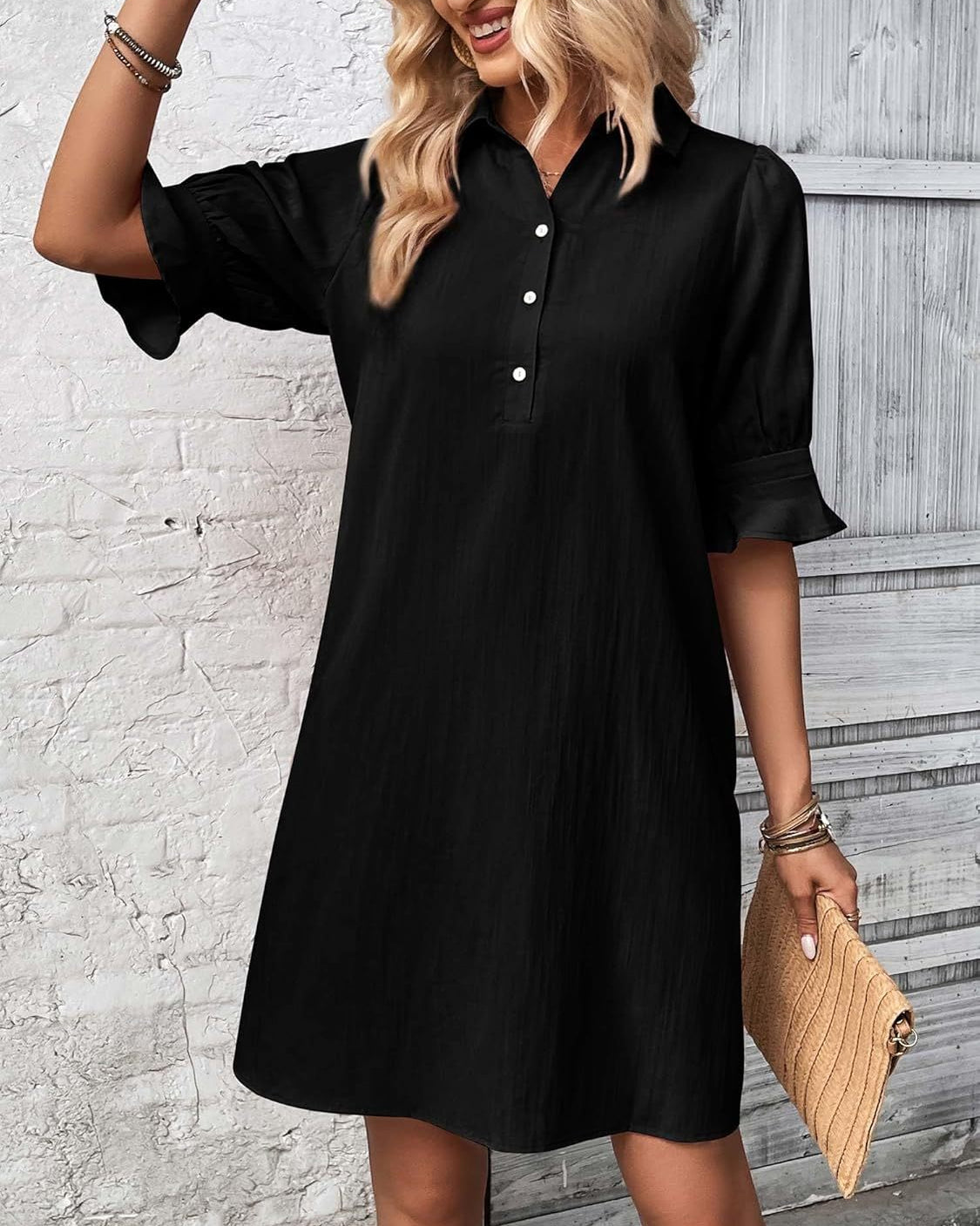 Women’s Shirt Dress 3/4 Sleeve Knee Length Button Down Shift with Pockets