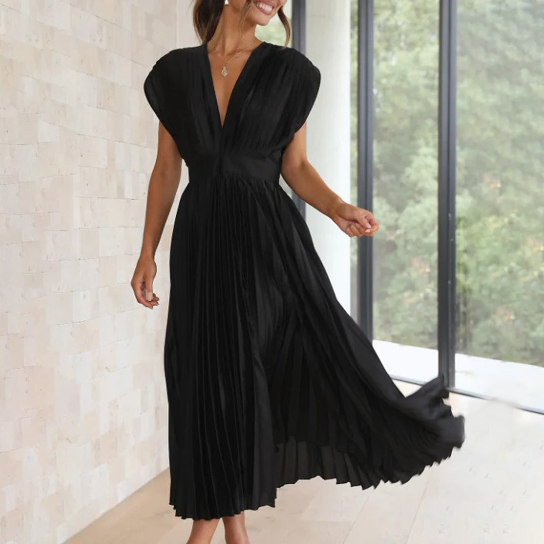 Women’s Pleated Midi Dress Deep V-Neck Cap Sleeve Wedding Guest Gown