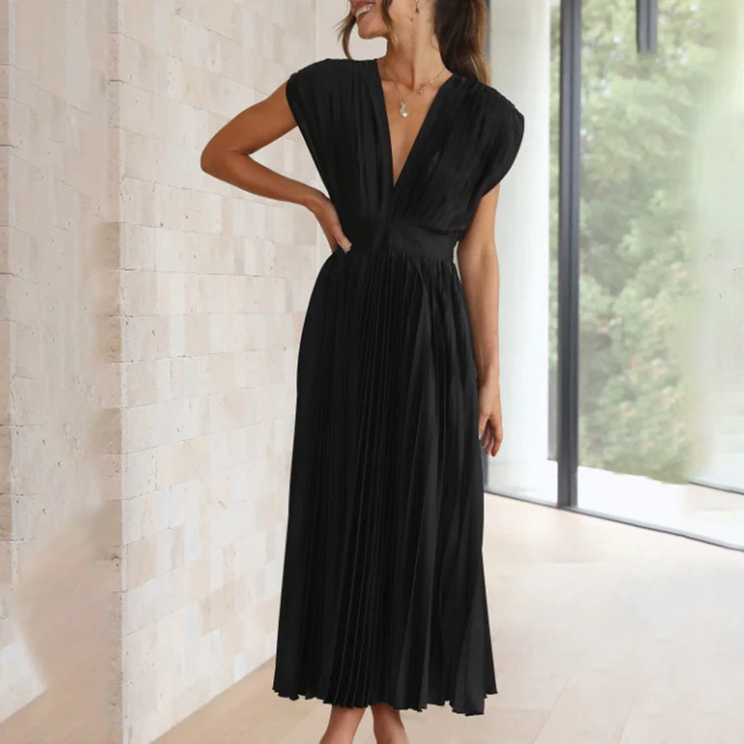 Women’s Pleated Midi Dress Deep V-Neck Cap Sleeve Wedding Guest Gown