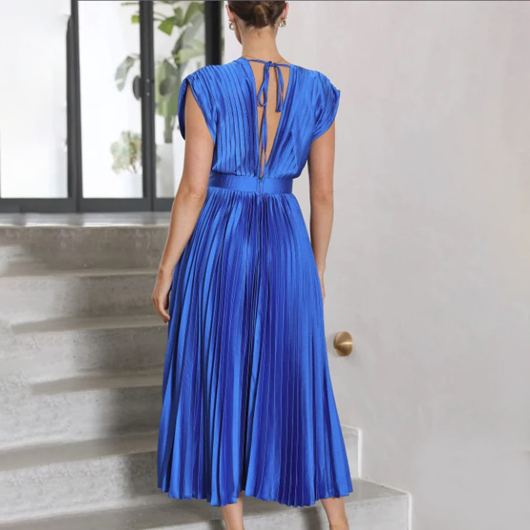 Women’s Pleated Midi Dress Deep V-Neck Cap Sleeve Wedding Guest Gown