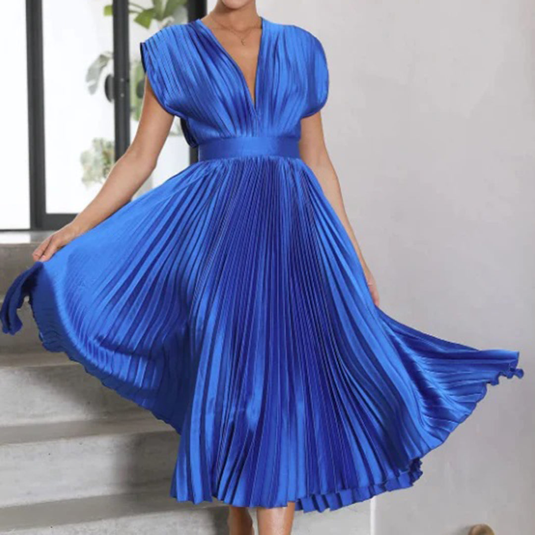 Women’s Pleated Midi Dress Deep V-Neck Cap Sleeve Wedding Guest Gown
