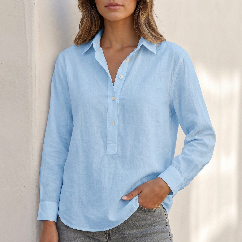 Women’s Popover Blouse with Point Collar and Partial Button Placket