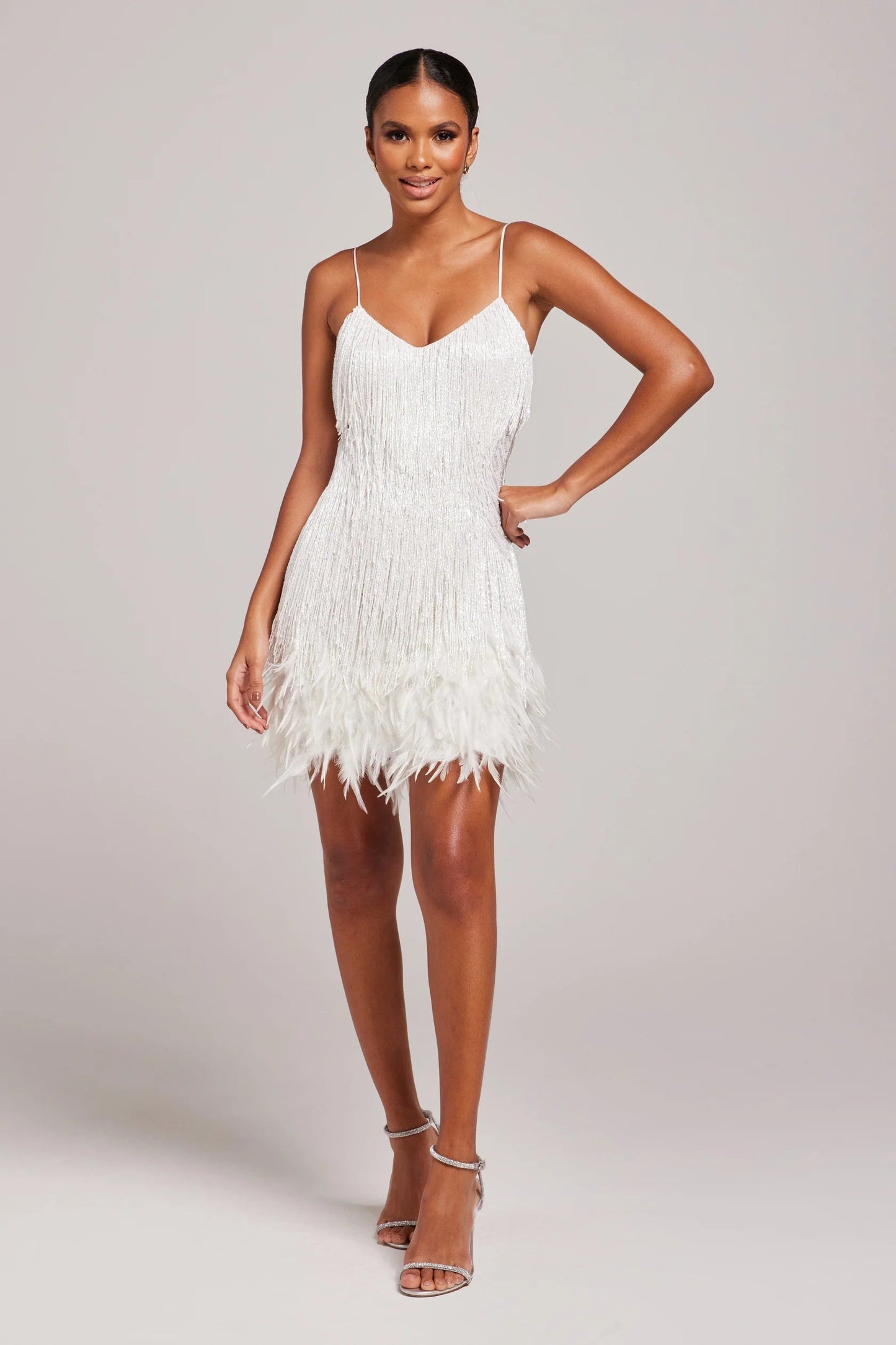 Women's Fringed Sequin Mini Dress with Feather Hem and Adjustable Camisole Straps