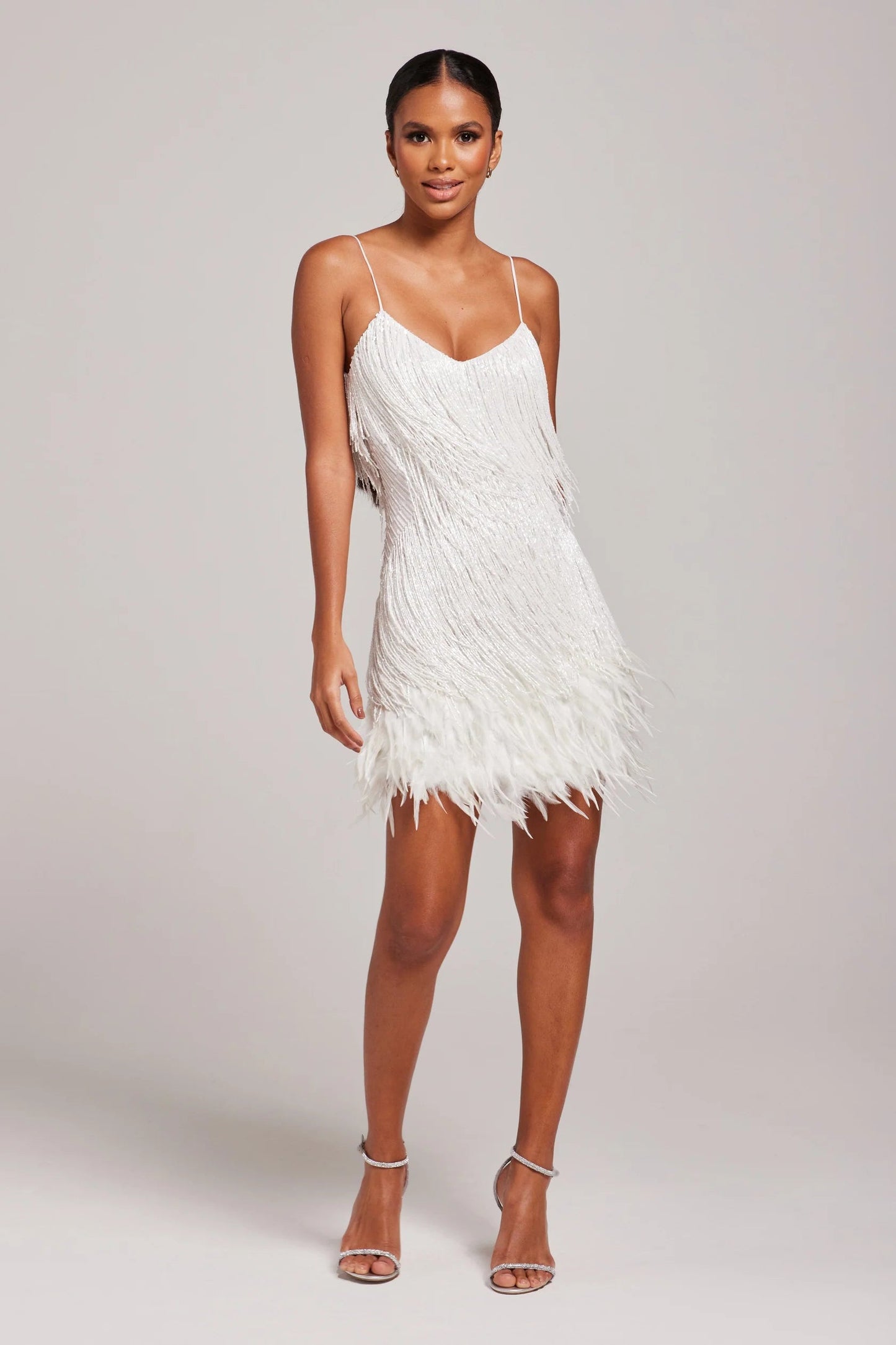 Women's Fringed Sequin Mini Dress with Feather Hem and Adjustable Camisole Straps