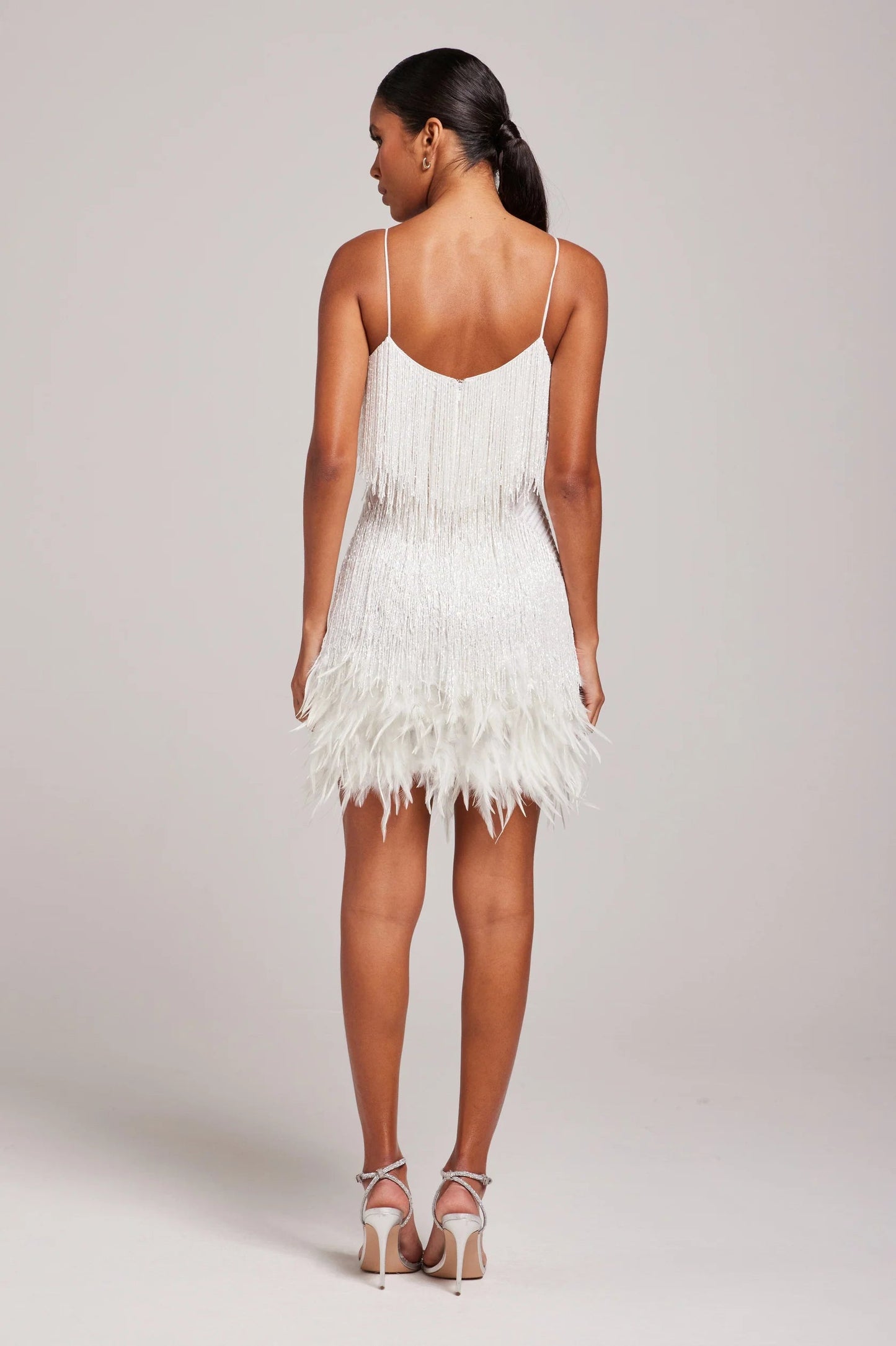 Women's Fringed Sequin Mini Dress with Feather Hem and Adjustable Camisole Straps
