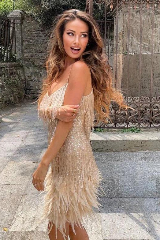 Women's Fringed Sequin Mini Dress with Feather Hem and Adjustable Camisole Straps