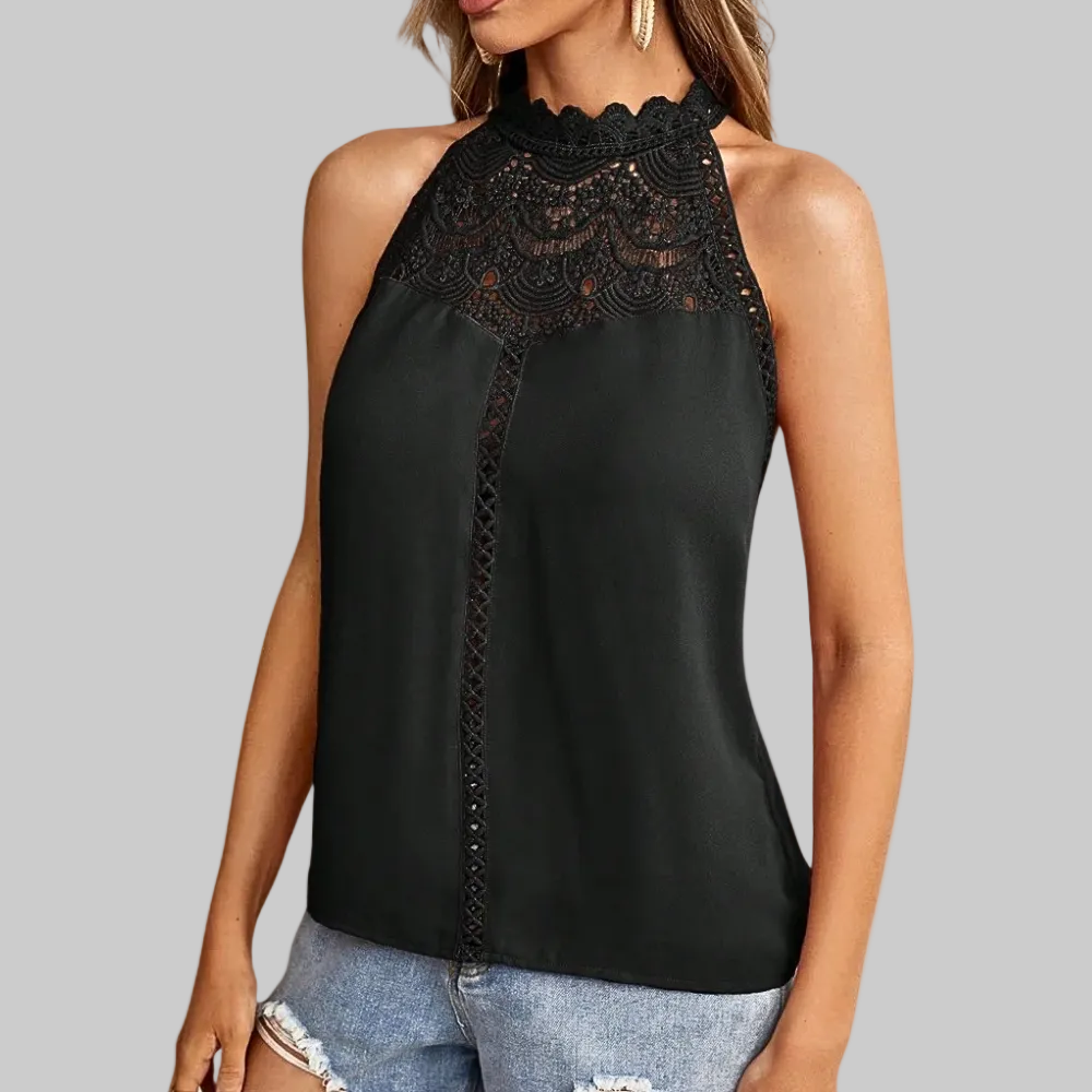 Women’s Halter Top with Mock Neck and Guipure Lace Patchwork