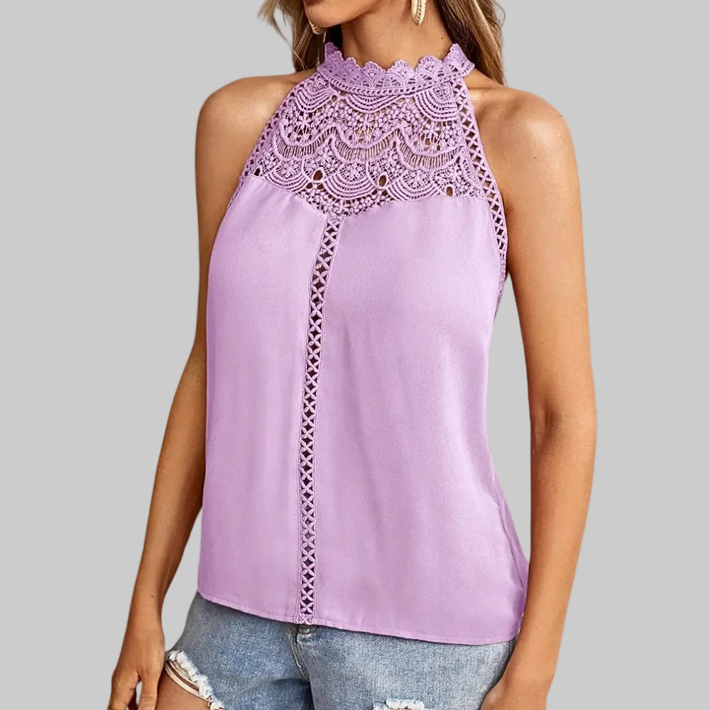 Women’s Halter Top with Mock Neck and Guipure Lace Patchwork