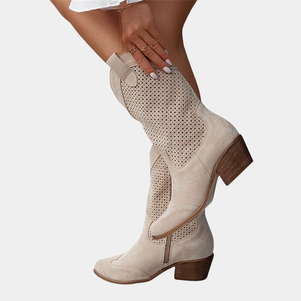 Women’s Perforated Suede Cowboy Boots with Orthopedic Support and Block Heel