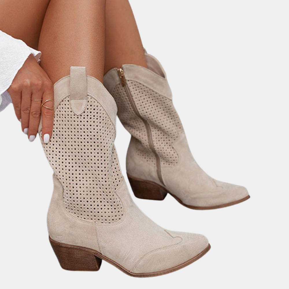 Women’s Perforated Suede Cowboy Boots with Orthopedic Support and Block Heel
