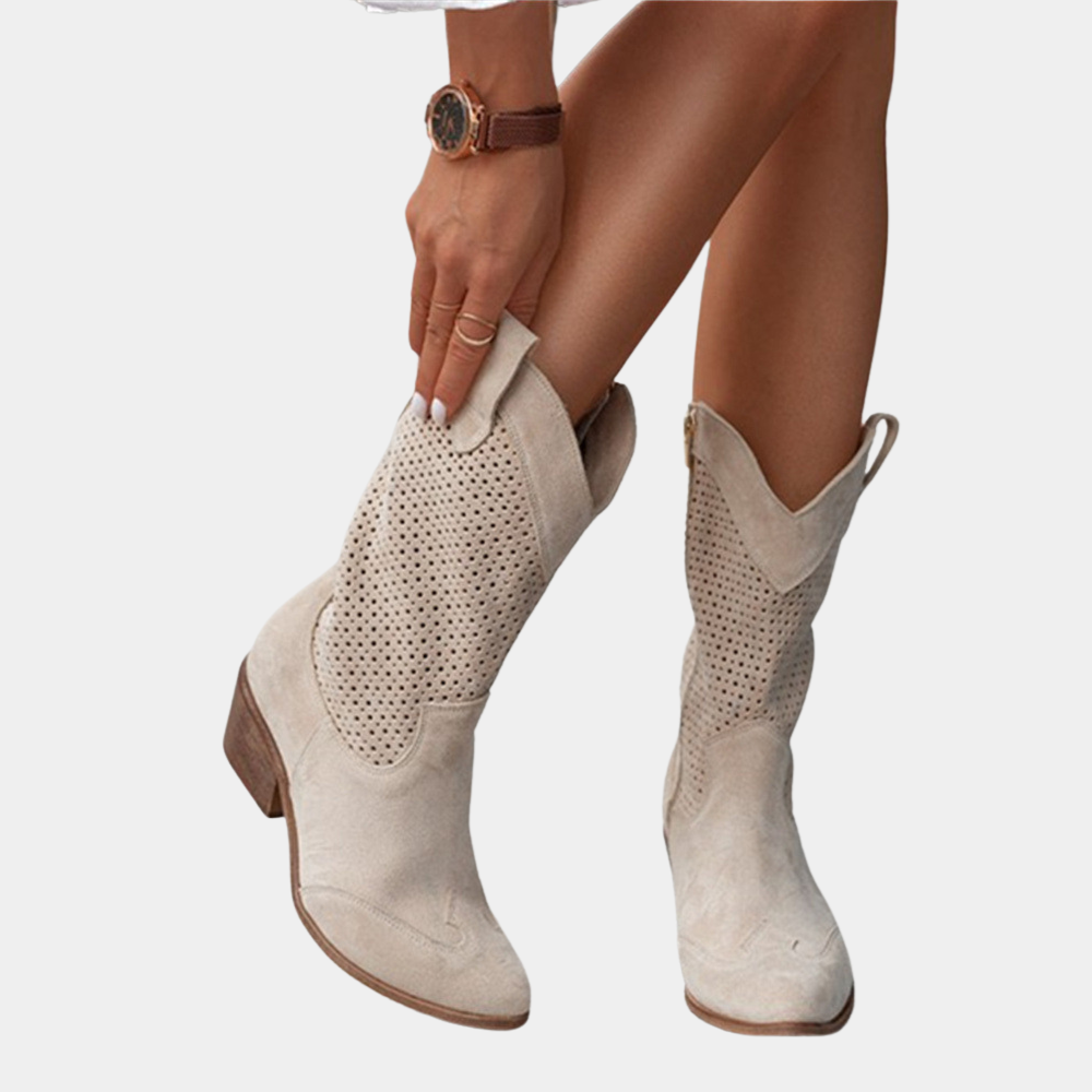 Women’s Perforated Suede Cowboy Boots with Orthopedic Support and Block Heel