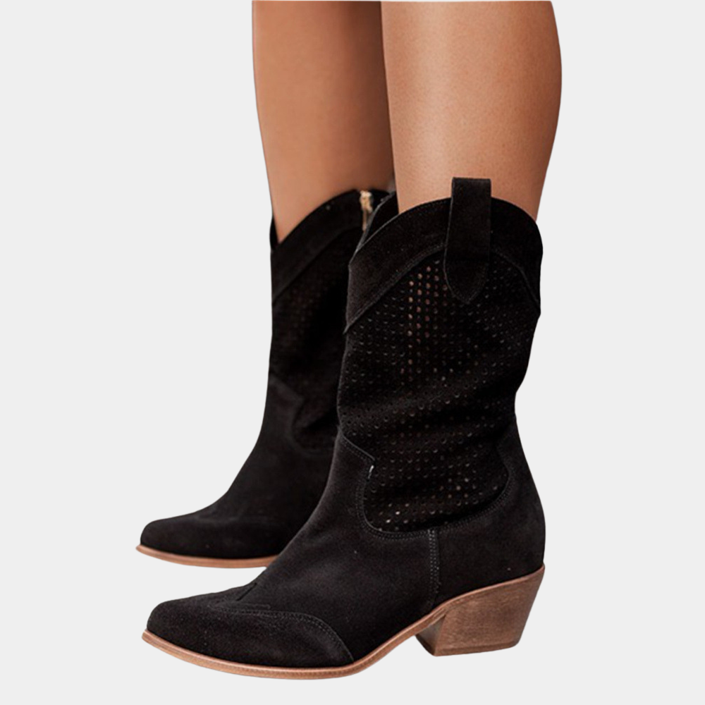 Women’s Perforated Suede Cowboy Boots with Orthopedic Support and Block Heel