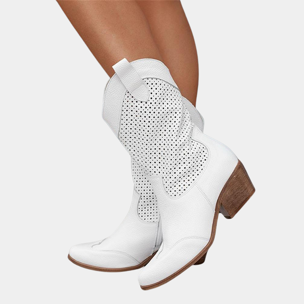Women’s Perforated Suede Cowboy Boots with Orthopedic Support and Block Heel
