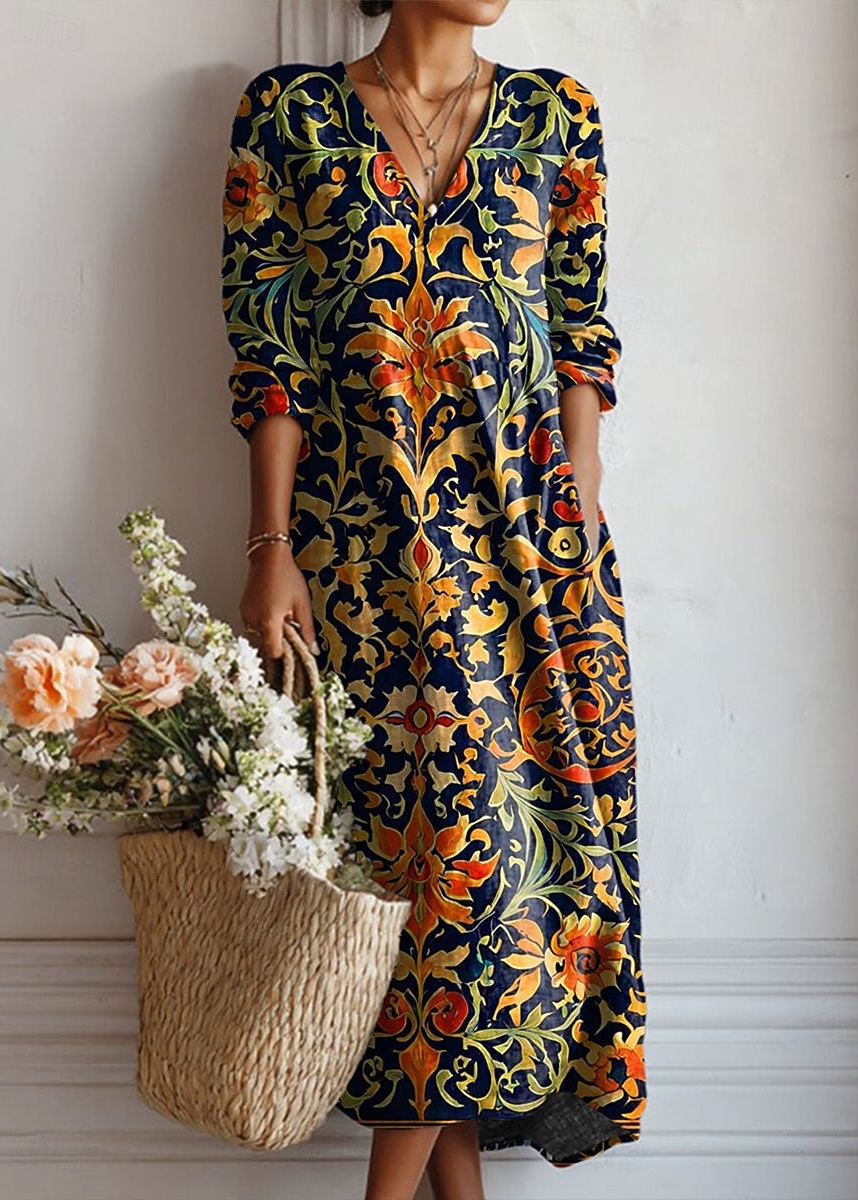 Women’s Maxi Dress with Plunging V-Neckline and Integrated Side Pockets