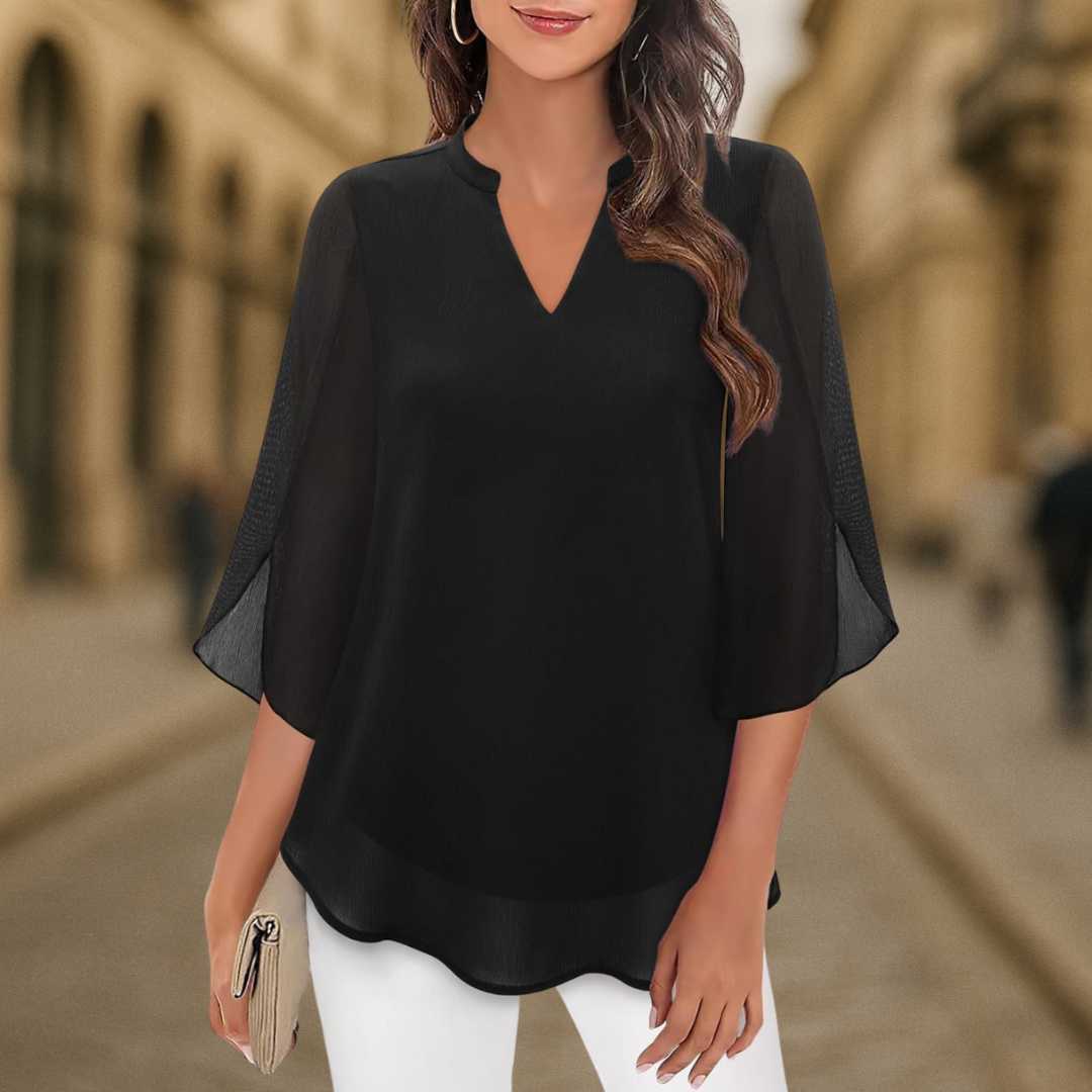 Women's V-Neck Chiffon Blouse with Long Lantern Sleeves and Relaxed Fit