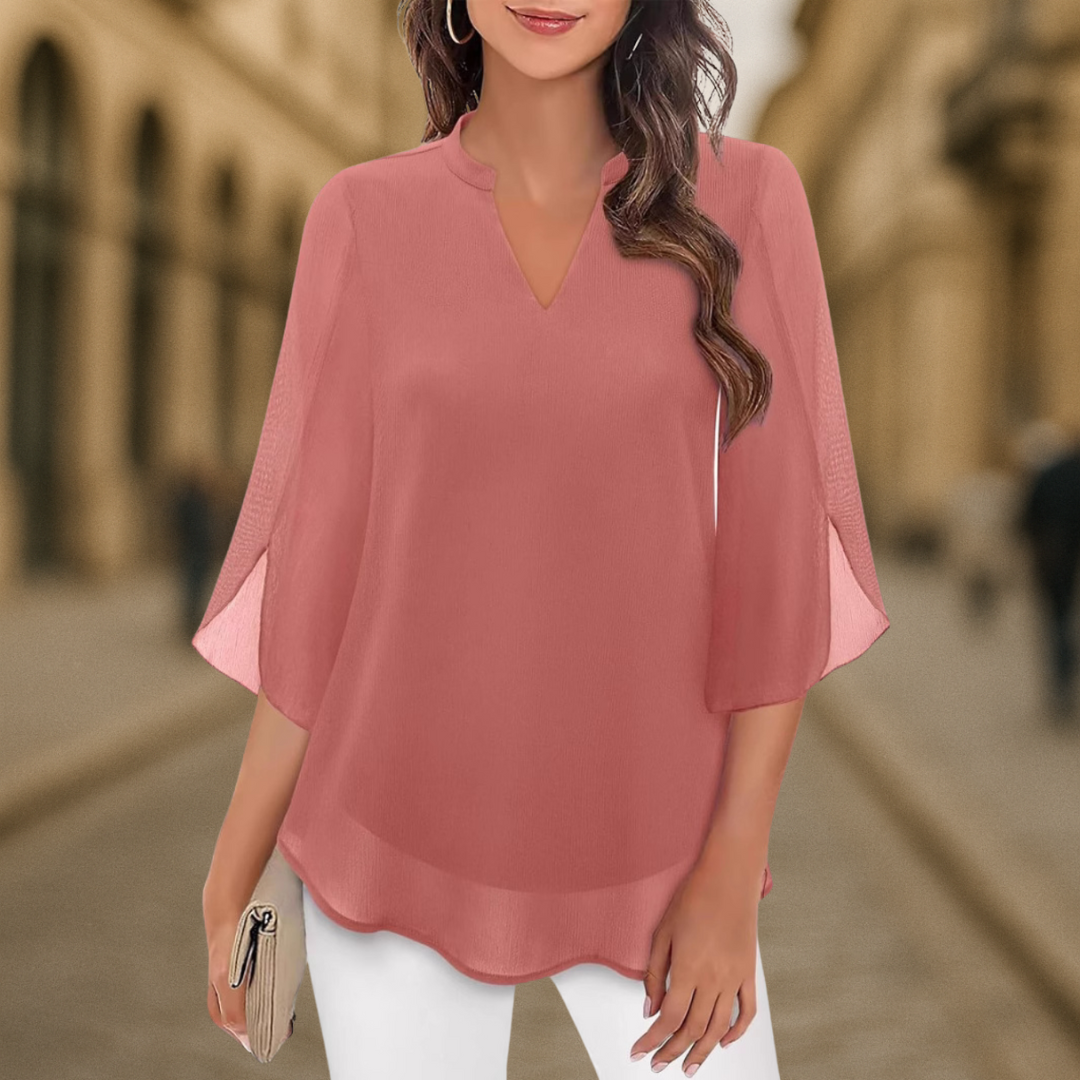 Women's V-Neck Chiffon Blouse with Long Lantern Sleeves and Relaxed Fit