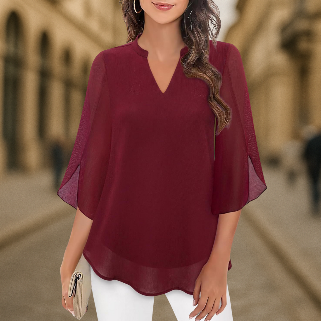 Women's V-Neck Chiffon Blouse with Long Lantern Sleeves and Relaxed Fit